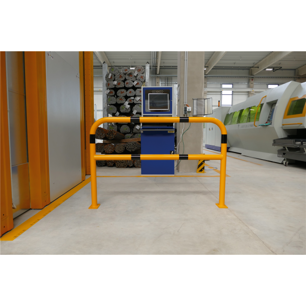 Protective bar made of steel tubing |  60 x 2.5 mm | with crossbar | total width: 2000 mm | total height: 1400 mm | hot-dip galvanized and yellow coatedwith black warning stripes